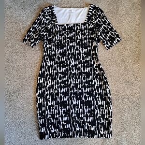London Times Black & White Geometric Shapes, Ruffled Dress Women's Size 14